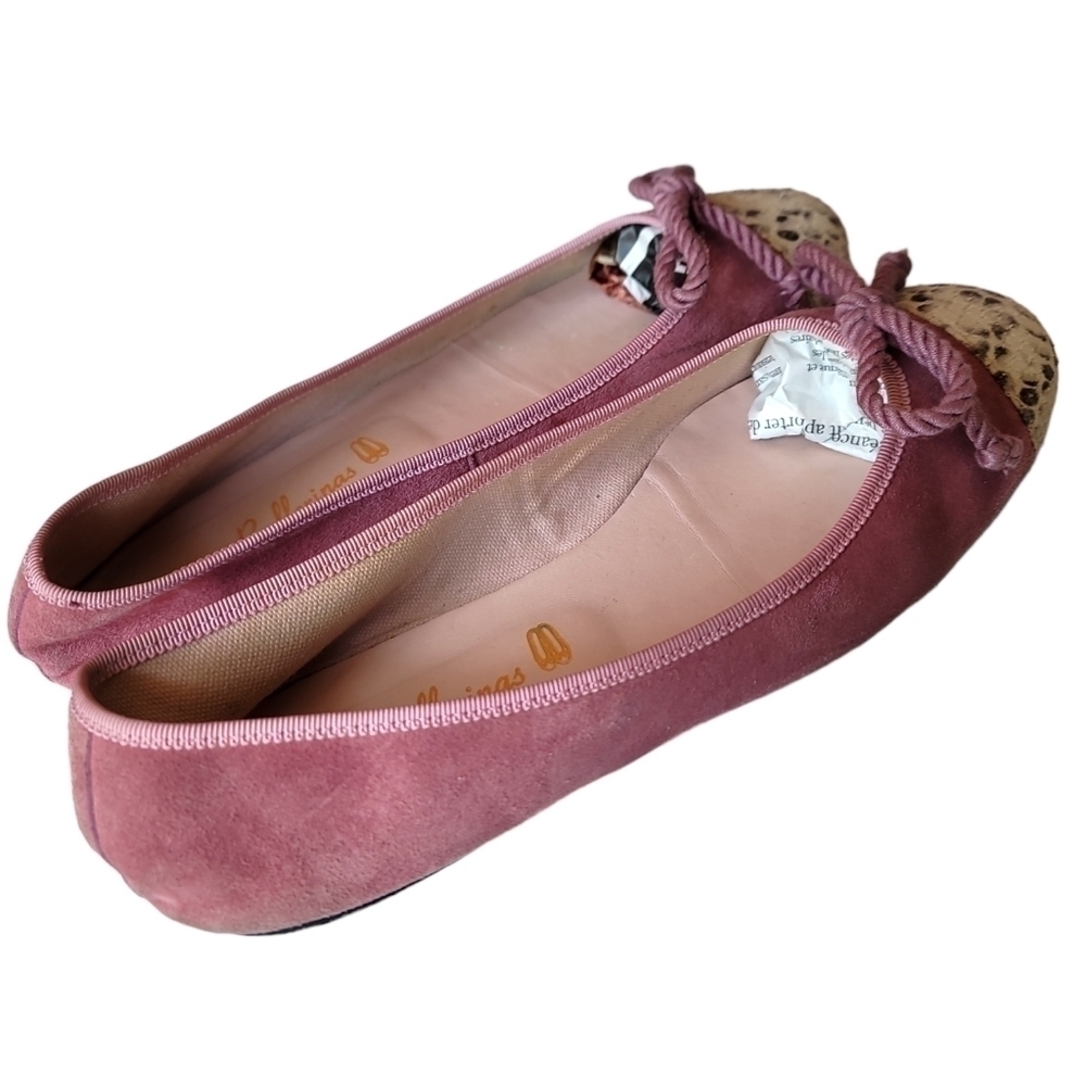 Pretty Ballerinas Bow tied Suede Pink  Real Leather  reptile skin accent